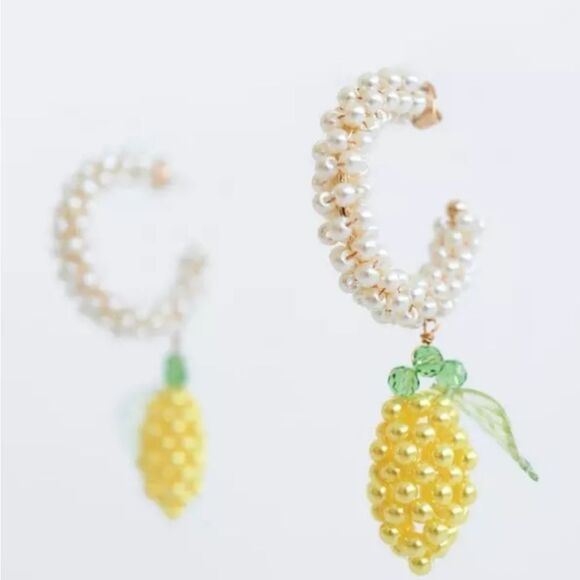New ZARA Lemon Shaped Beaded Pearl Hoop Earrings - Picture 2 of 12
